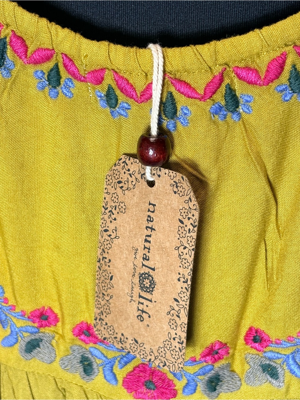 NWT Natural Life Embroidered Boho Babydoll Dress Mustard Olive Size L - Picture 8 of 9